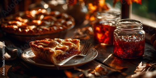 Slice of golden crust apple pie with jars of jam in warm autumn light, perfect for seasonal menu, cozy cafe poster