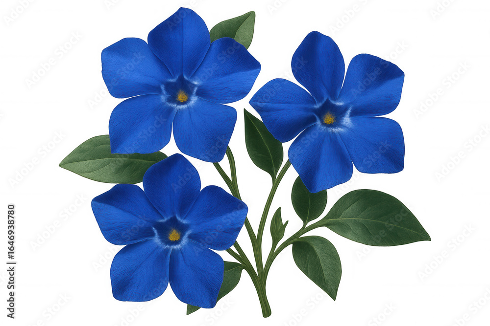 Fototapeta premium Periwinkle flowers displaying rich blue petals and verdant leaves, standing against transparent backdrop for clean, versatile graphic design use