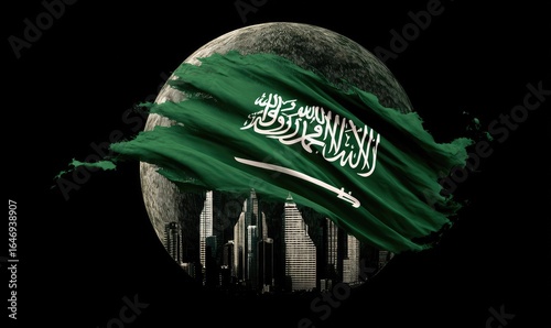 Saudi Arabian flag draped over a moon, cityscape backdrop