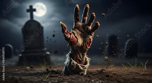Zombie hand rising from grave spooky cemetery horror photography nighttime eerie atmosphere