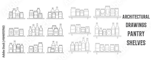 Architectural line drawings of pantry shelves with neatly arranged jars and bottles in minimal black and white vector style for kitchen storage and interior design plans