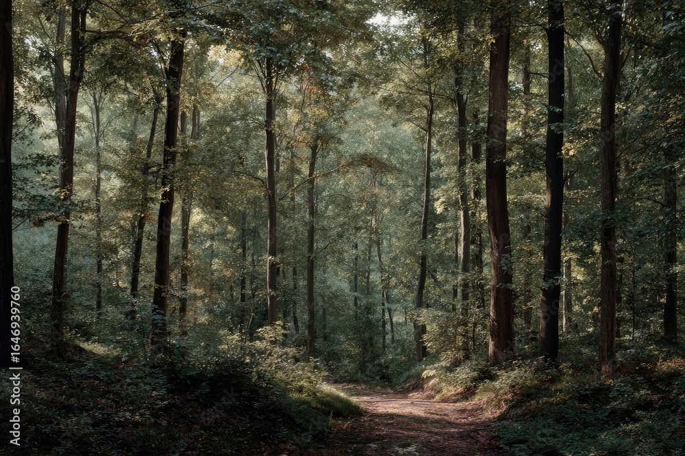 Fototapeta premium Sunlit path through a dense forest. Lush green trees line a narrow dirt path