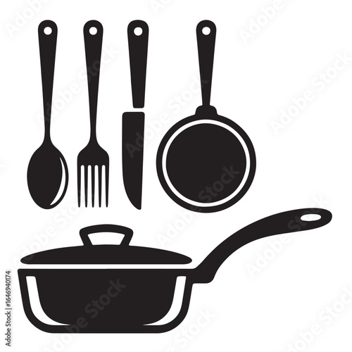 A collection of kitchen utensils including a frying pan, saucepan, and skillet for cooking and food preparation, isolated on a white background