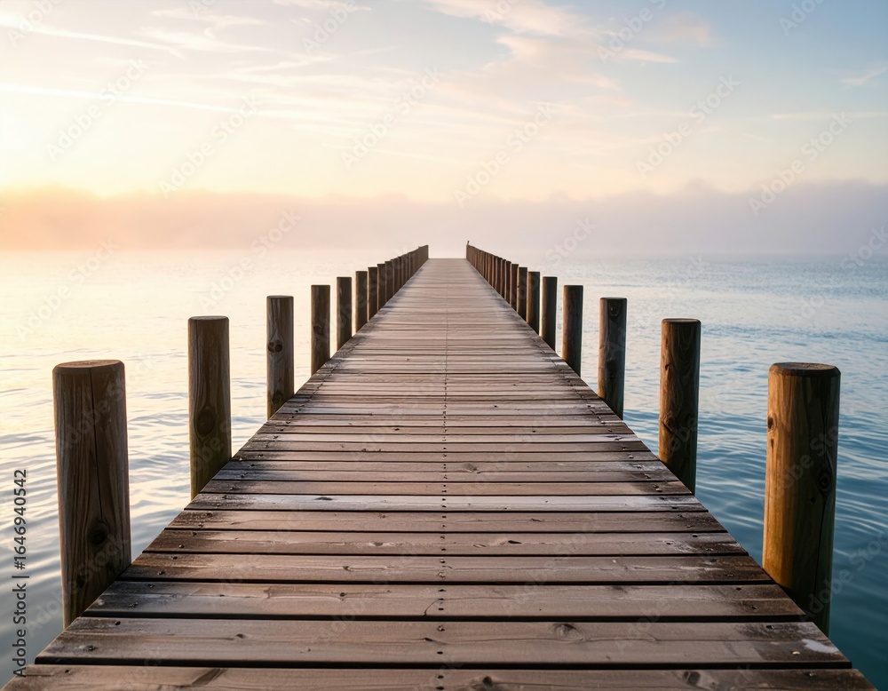 Obraz premium Wooden Pier Extends Into Calm Sunrise Lake