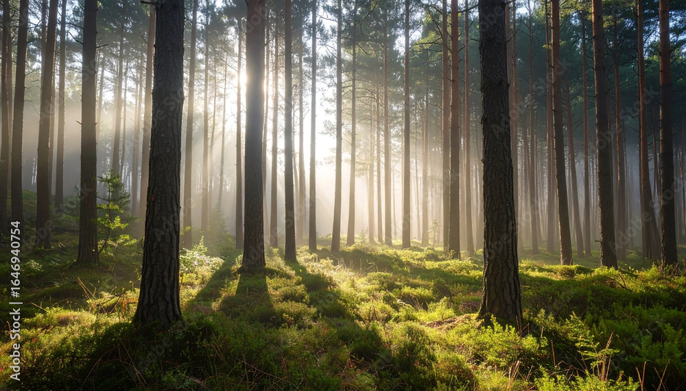 Fototapeta premium Photorealistic pine forest scene, morning fog, soft light filtering through tall trees, calm atmosphere
