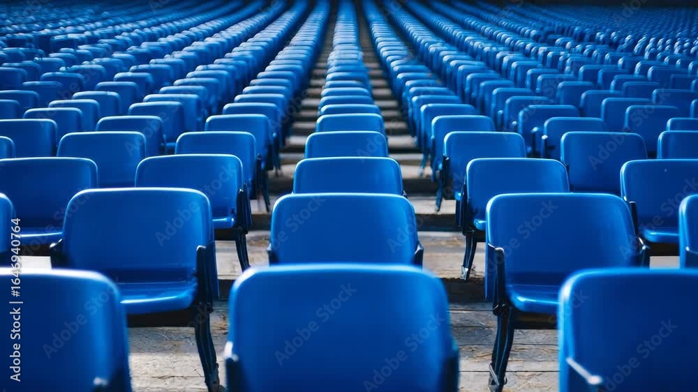 Empty blue seats arranged in rows at an outdoor stadium or auditorium Empty blue seats arranged in rows at an outdoor stadium or auditorium