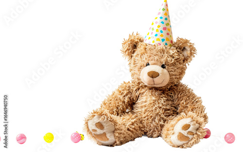 Cute Teddy Bear Wearing a Colorful Party Hat for Childrens Day Celebration Isolated on Transparent Background