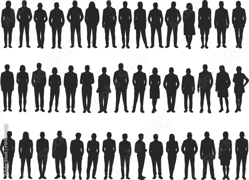 Silhouettes of diverse people standing in rows, business professionals, teamwork concept, human figures, corporate group, black outline illustration