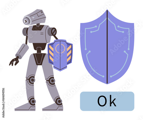 Robot equipped with shield beside a circuit-pattern shield representing digital protection and Ok sign. Ideal for cybersecurity, AI safety, defense, data protection, technology, trust, simple flat
