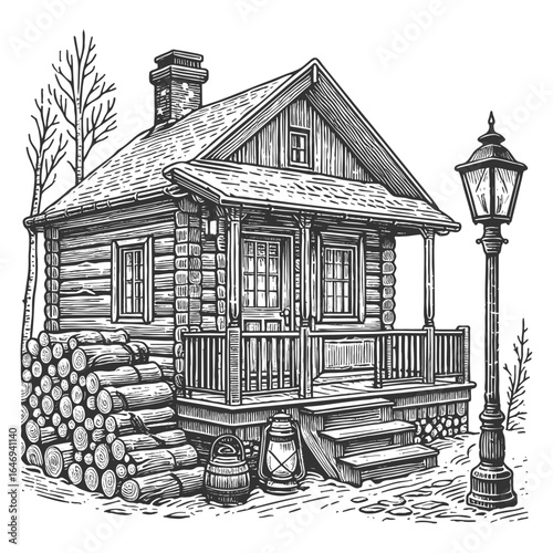 rustic log cabin with a front porch, hanging lanterns, and neatly stacked firewood sketch engraving generative ai vector illustration. Scratch board imitation. Black and white image.