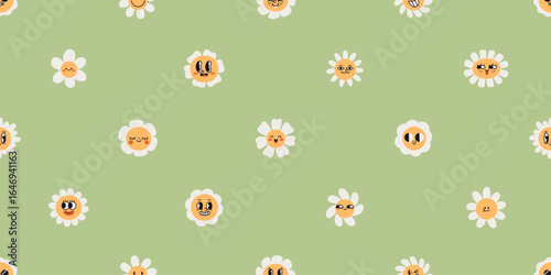 Groovy flowers, happy daisy faces, seamless pattern. Cute funny smiling chamomiles in retro vintage 70s style, endless background, repeating print for textile, fabric. Flat vector illustration