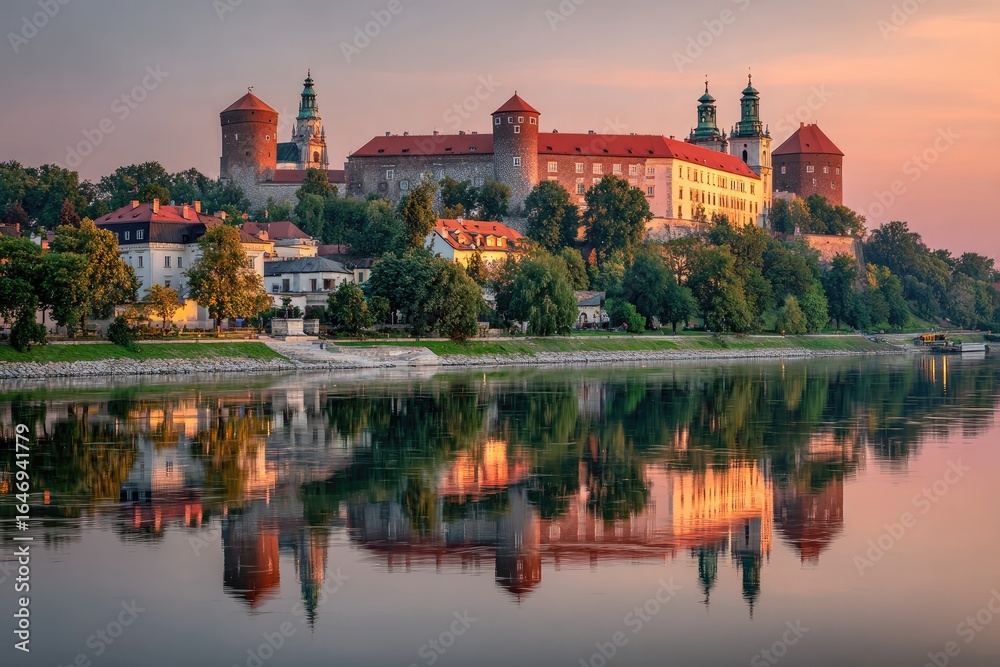 Obraz premium Sunrise castle reflection on river