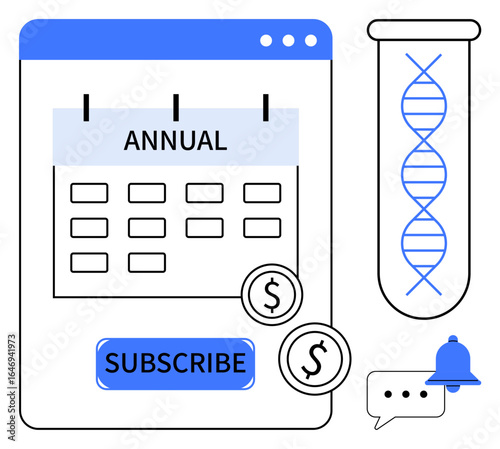 Calendar with Annual header, subscription button, payment coins, DNA structure, notification icon, and chat bubble. Ideal for science, subscription services, payment communication research