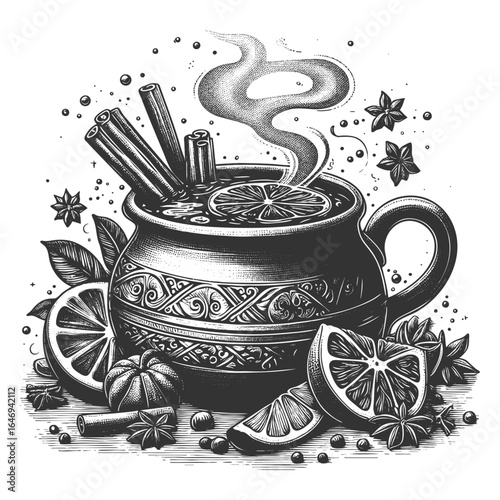 hot mulled wine in a cup with citrus slice, cinnamon sticks, and aromatic spices for winter warmth sketch engraving generative ai vector illustration. Scratch board imitation. Black and white image.