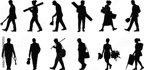 worker, silhouette, people, walking, carrying, tools, equipment, gardener, florist, construction, man, woman, profession, labor, occupation, job, industry, outdoor, work, lifestyle