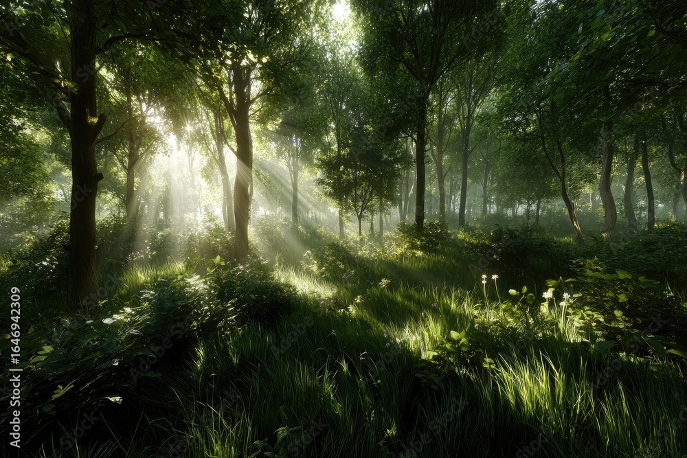 Obraz premium Sunlight streams through a misty forest, illuminating lush greenery