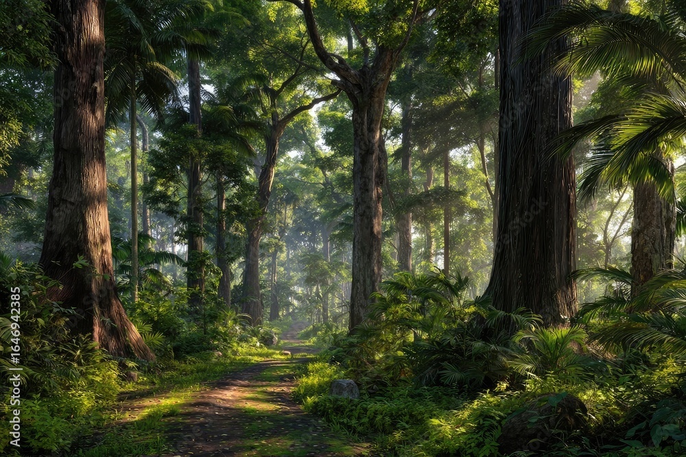Naklejka premium Lush jungle path bathed in sunlight