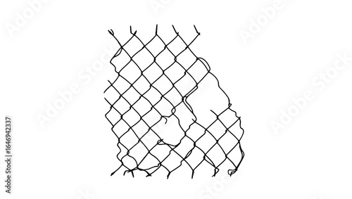 A hand-drawn sketch illustration of a torn and broken chain-link fence with a hole, symbolizing escape or breach of security.