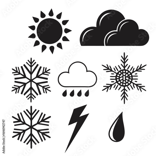 Weather forecast symbols with sun, clouds, snowflakes