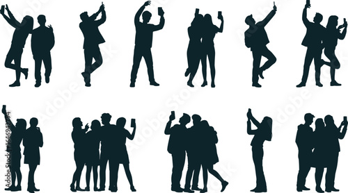 group, of, people, taking, selfies, silhouette, friends, posing, together, smartphone, photography, social, media, concept, fun, lifestyle, camera, happy, young, adults