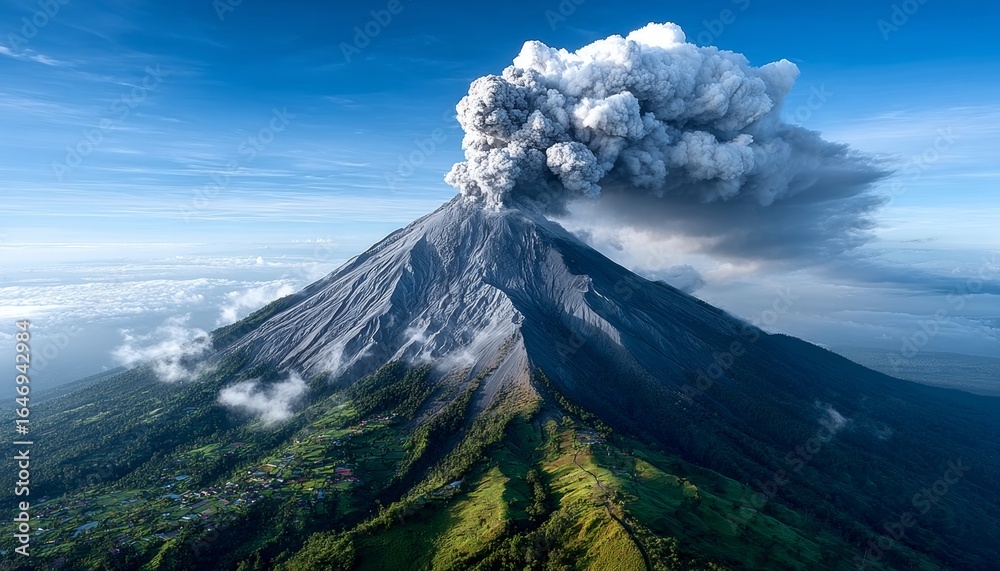 Obraz premium Majestic Volcanic Eruption Captured from Above, Showcasing Dramatic Ash Clouds and Fiery Lava Flow