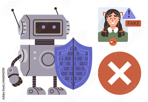 Robot holding cyber shield with binary code, fake detection alert, video manipulation warning, red cross mark. Ideal for AI ethics, data, cybersecurity, misinformation, tech fraud online safety