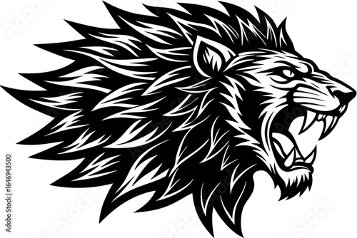 Black tribal tattoo illustration of a powerful lion head mascot, perfect for a strong symbol or logo design