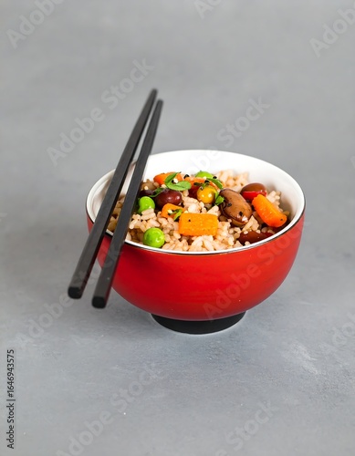 Red bowl of brown rice and vegetables, chopsticks rest beside it