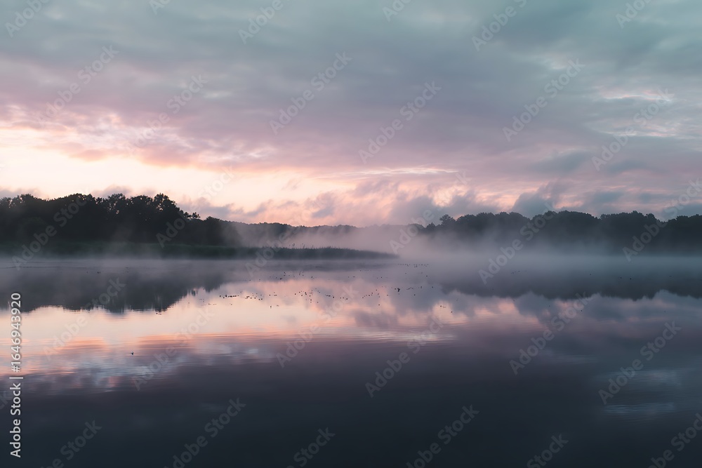 Fototapeta premium Misty sunrise over a tranquil lake.