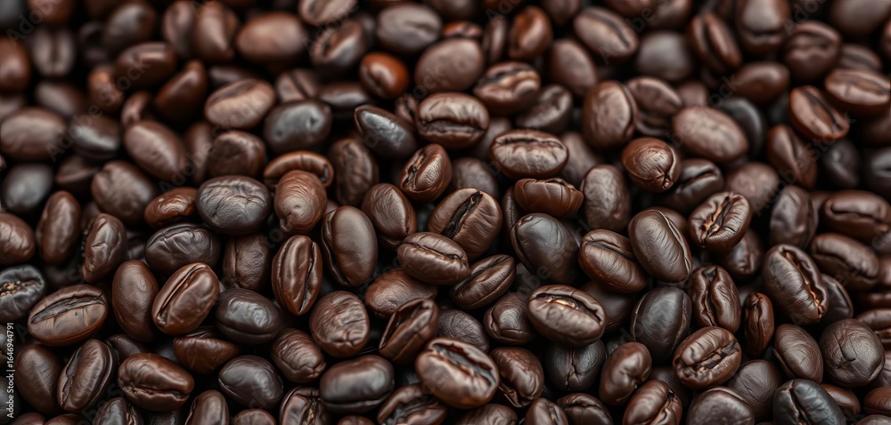 Fototapeta premium Rich, dark coffee beans close-up, showing texture and detail, coffee shop, aroma
