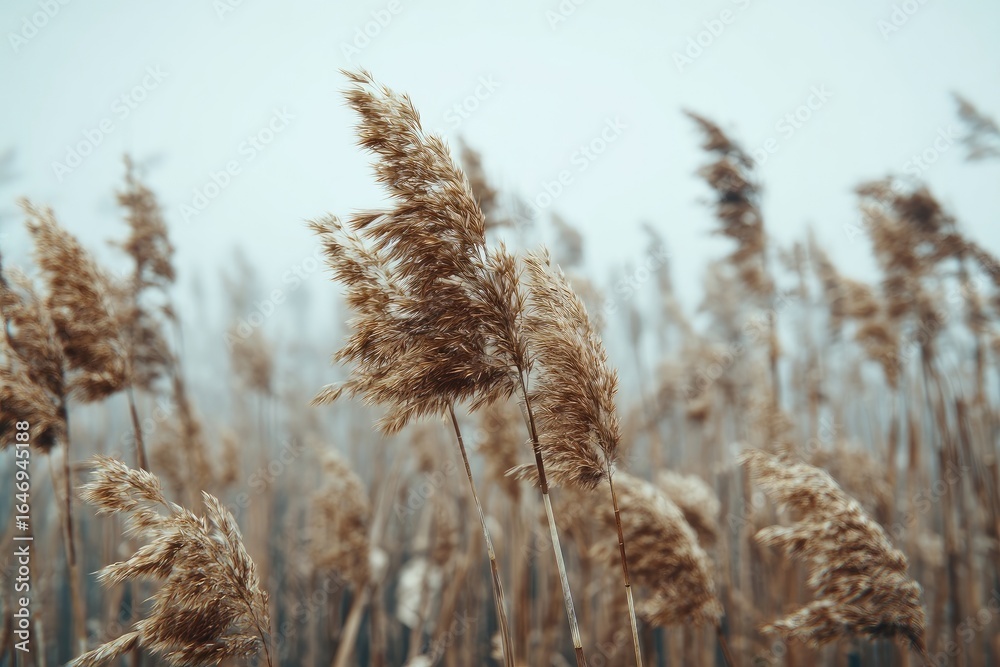 Fototapeta premium Dried reeds blowing in a light fog