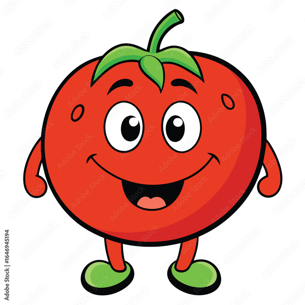 Fototapeta premium Cartoon Tomato Character with Big Smile and Green Stem on White Background
