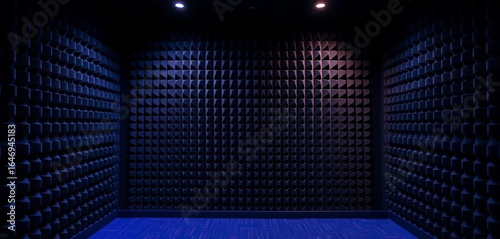 Dark acoustic foam wall, blue lit recording studio, soundproof texture  Copy space,  website,  panel