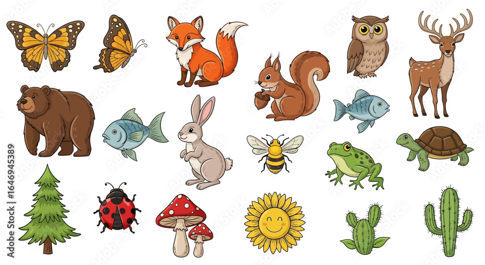 Fototapeta premium A colorful collection of cute cartoon forest animals and nature elements, including a fox, bear, deer, butterfly, and tree.