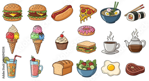 A colorful collection of various cartoon food and drink illustrations, including fast food, desserts, and meals.