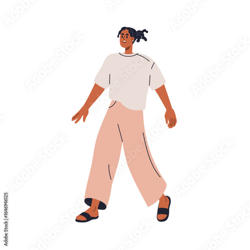 Young black man walking in modern casual clothing, relaxed comfortable urban style. Male in loose summer outfit with t-shirt and slides, sandals. Flat vector illustration isolated on white background