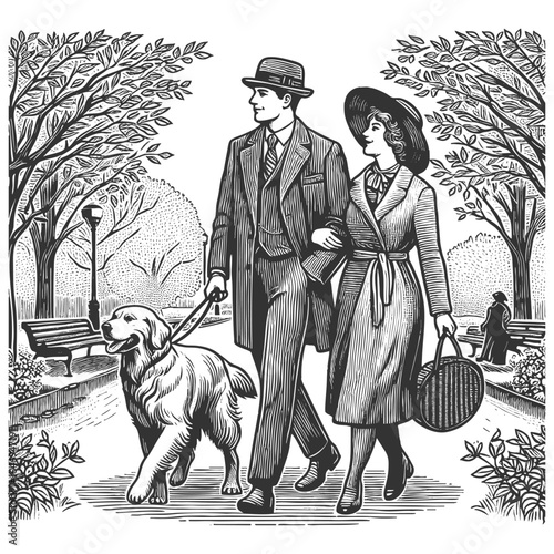 elegantly dressed couple strolling arm in arm with their dog through a tree-lined park sketch engraving generative ai fictional character vector illustration. Scratch board. Black and white image.