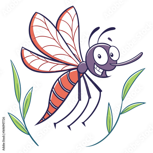 Cartoon Mosquito Character with Stripes on Body and Green Leaf on White