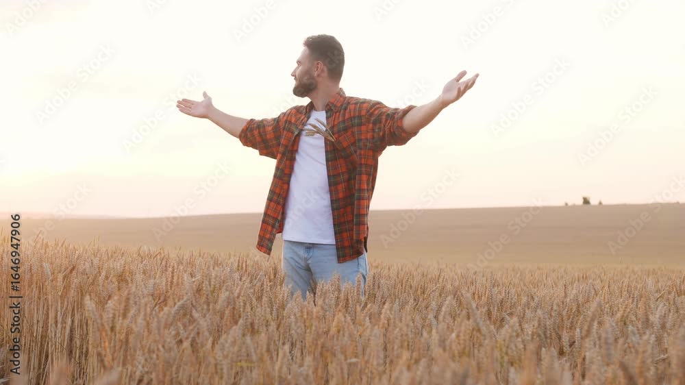 Freedom conception, hands to the sides. Male farmer is on the wheat agricultural field. Freedom conception, hands to the sides. Male farmer is on the wheat agricultural field.