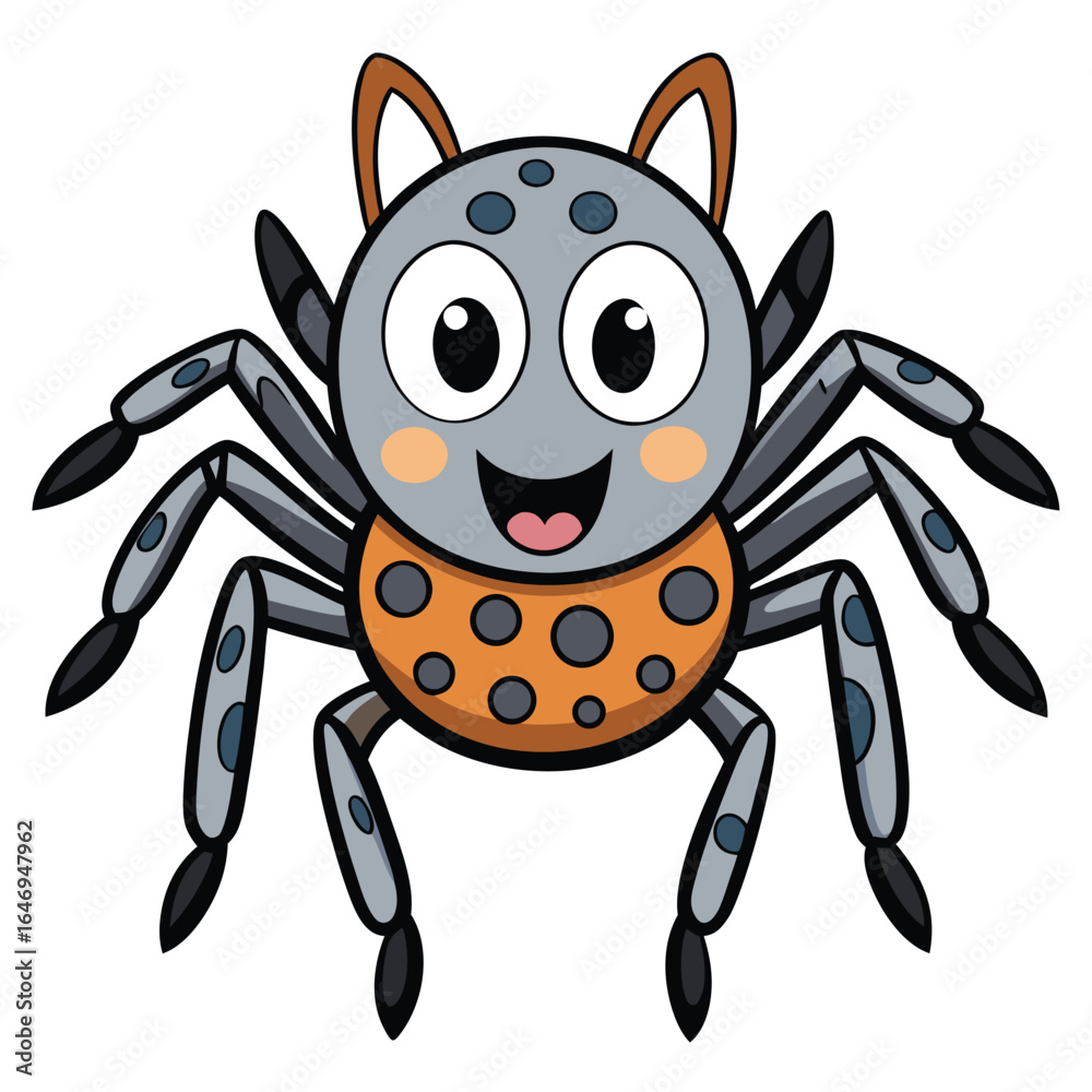 Fototapeta premium Cartoon Spider with Cat Ears, Happy Face, Orange Body, and Grey Legs on White