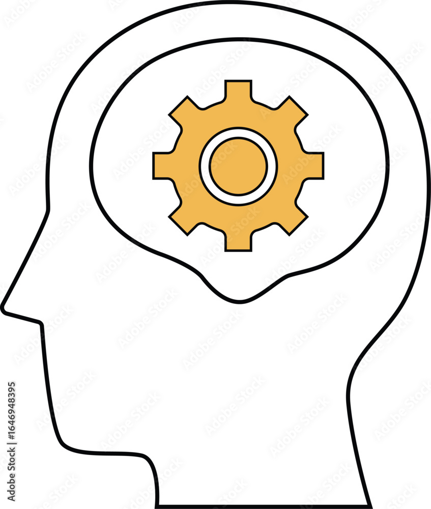 Silhouette of a human head with a golden gear inside, representing thinking, problem-solving, or mechanical mind. Silhouette of a human head with a golden gear inside, representing thinking, problem-solving, or mechanical mind.