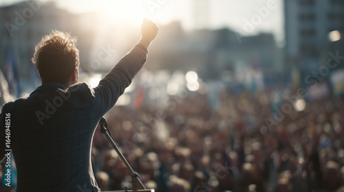Man passionately speaking from a podium to a large  crowd during an outdoor protest or rally. Concept of activism, political movements, social causes, and public speeches.