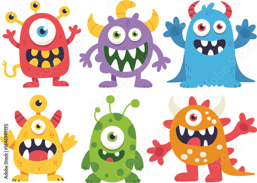 Cartoon Monster Pack with One-Eyed Creatures, Colorful Designs, Horns and Antennae, Funny Expressions, Vector Illustration for Kids, Halloween, Fantasy, Adobe Stock Asset