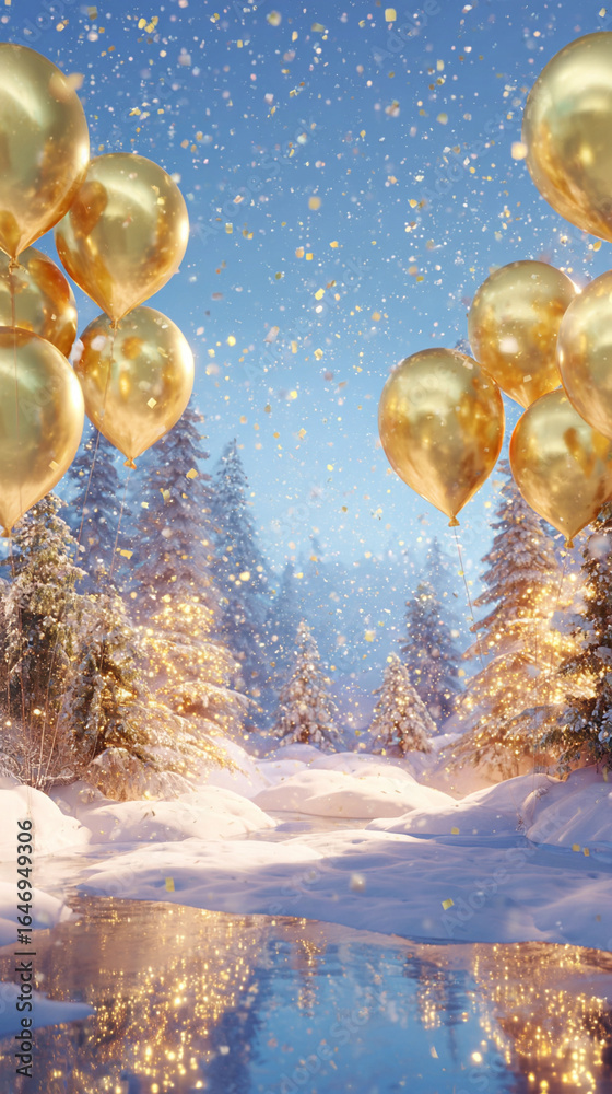 Obraz premium Golden balloons on a winter landscape