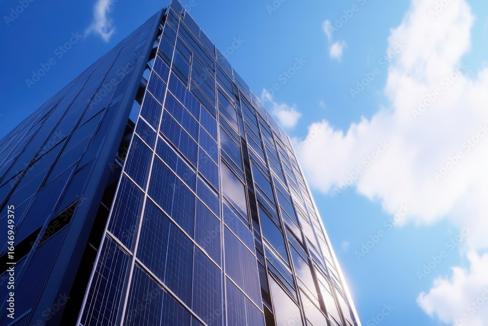 Fototapeta premium Solar panels reflect sunlight on a modern building against a clear blue sky