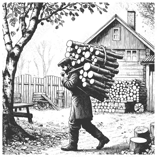 man in a coat and cap carrying a large bundle of firewood toward a wooden farmhouse sketch engraving generative ai fictional character vector illustration. Scratch board imitation. Black and white.