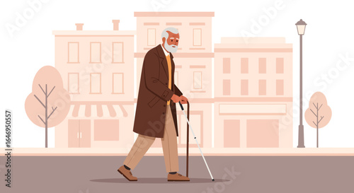 Elderly man walking with white cane on urban street illustration for senior living and accessibility