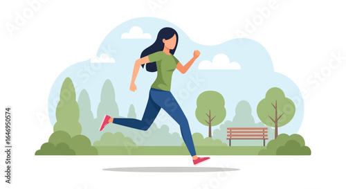 Young woman running outdoors in a park for fitness and healthy lifestyle illustration