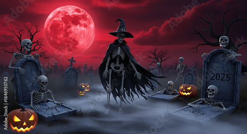 Spooky halloween graveyard scene with skeletons, pumpkins, and red moon