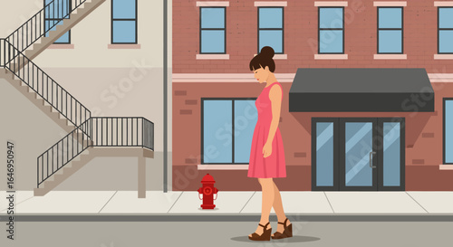 Solemn woman walking on a city street illustration feeling isolated and alone